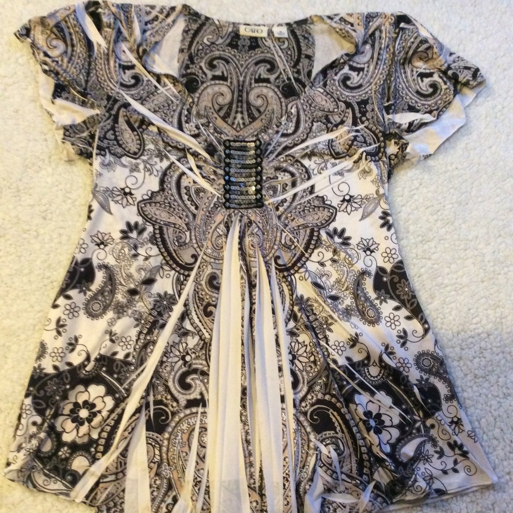 Cato asymmetrical sequined paisley top